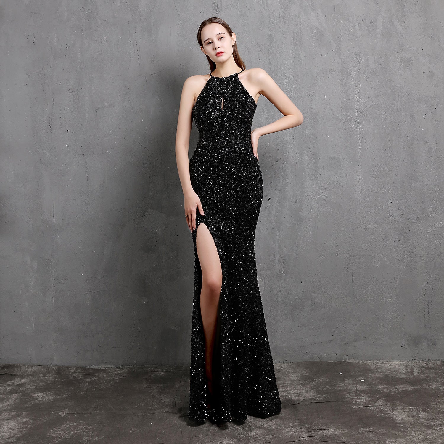 Heavy Craft Colorful Sequin Socialite Gathering Party Evening Dress Sexy Long Slimming Toast Dress Bride Formal Gown Black