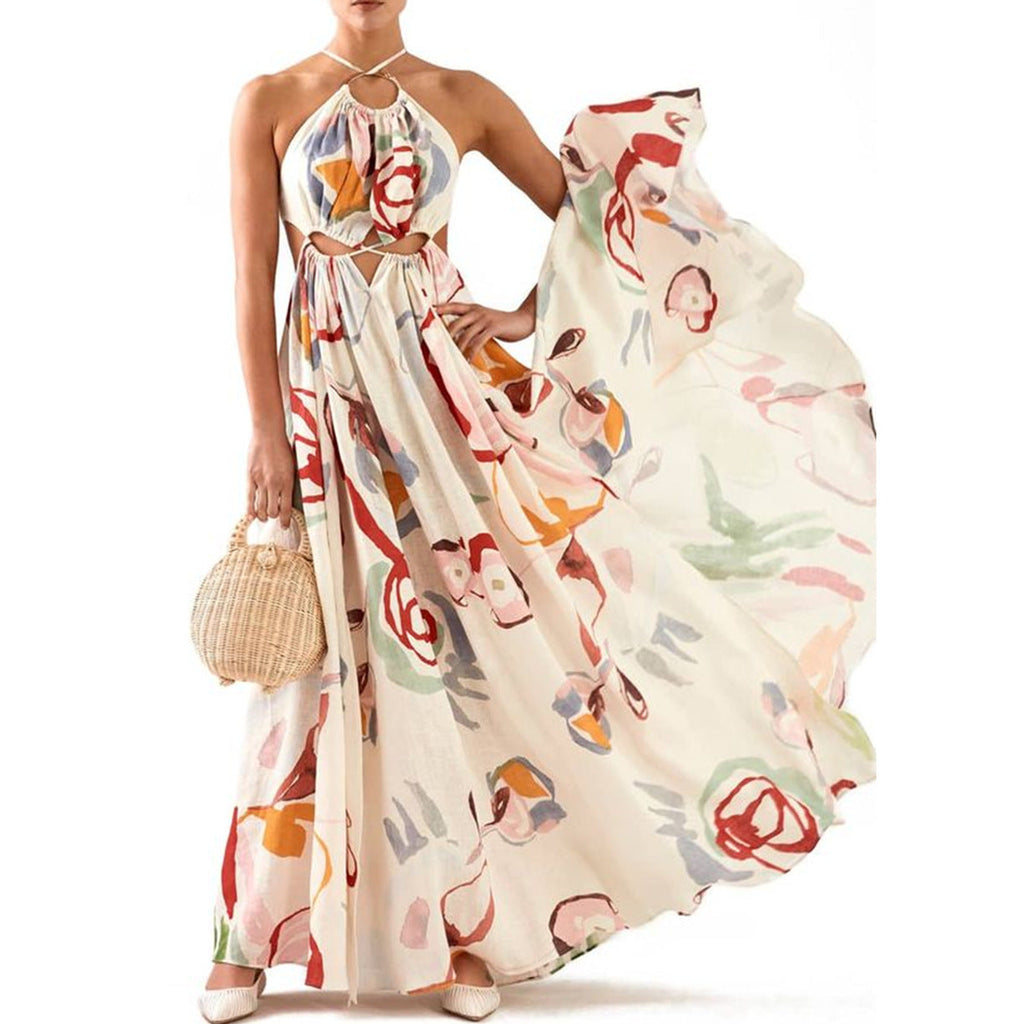 Spring Summer Women Clothing Slim Fit Large Swing Sling Stitching Printing Maxi Dress Beach Dress White