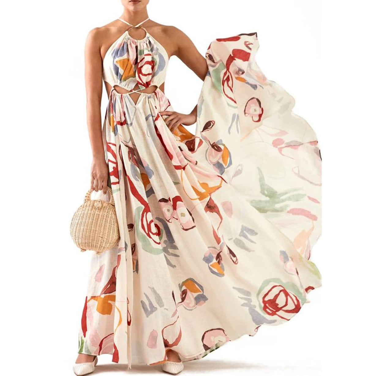 Spring Summer Women Clothing Slim Fit Large Swing Sling Stitching Printing Maxi Dress Beach Dress White