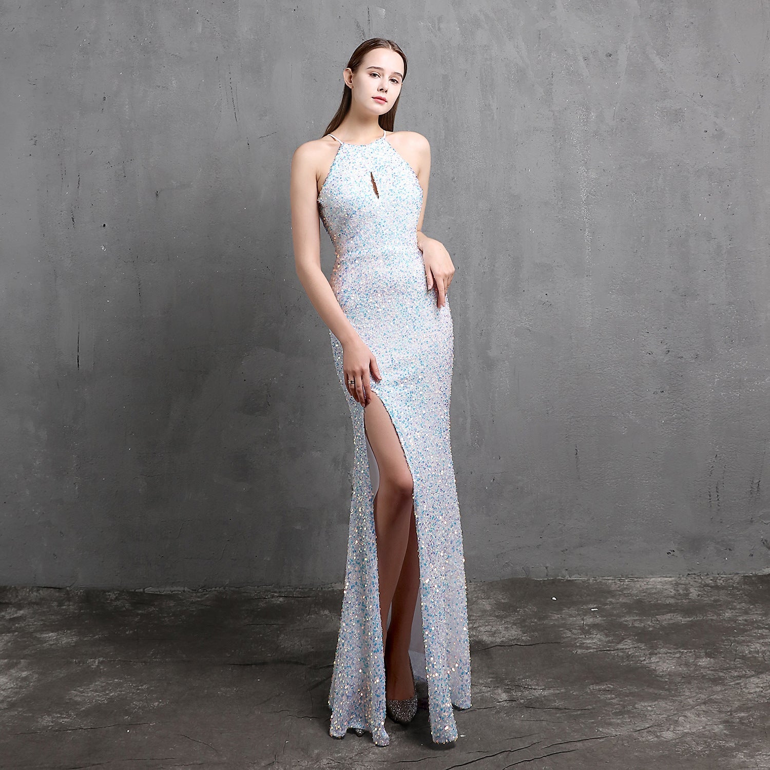Heavy Craft Colorful Sequin Socialite Gathering Party Evening Dress Sexy Long Slimming Toast Dress Bride Formal Gown White