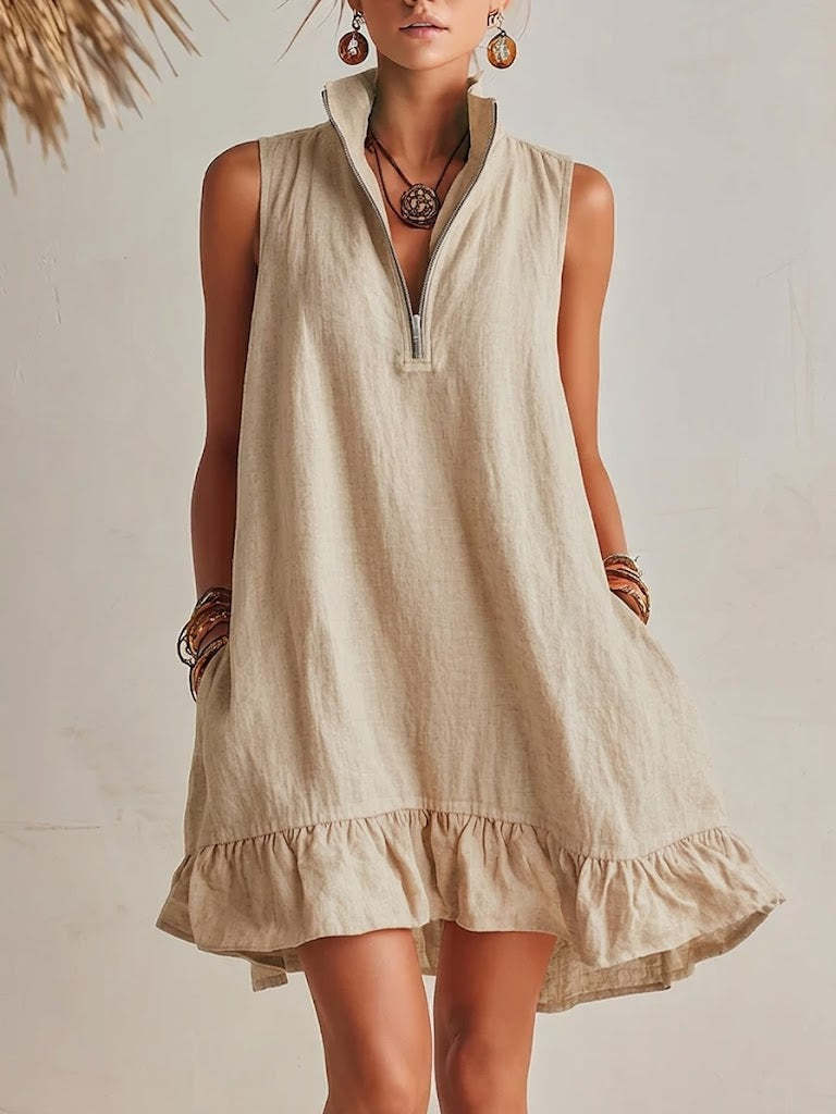 Women's Casual Loose Half-Zip Sleeveless Dress with Ruffle Hem Khaki