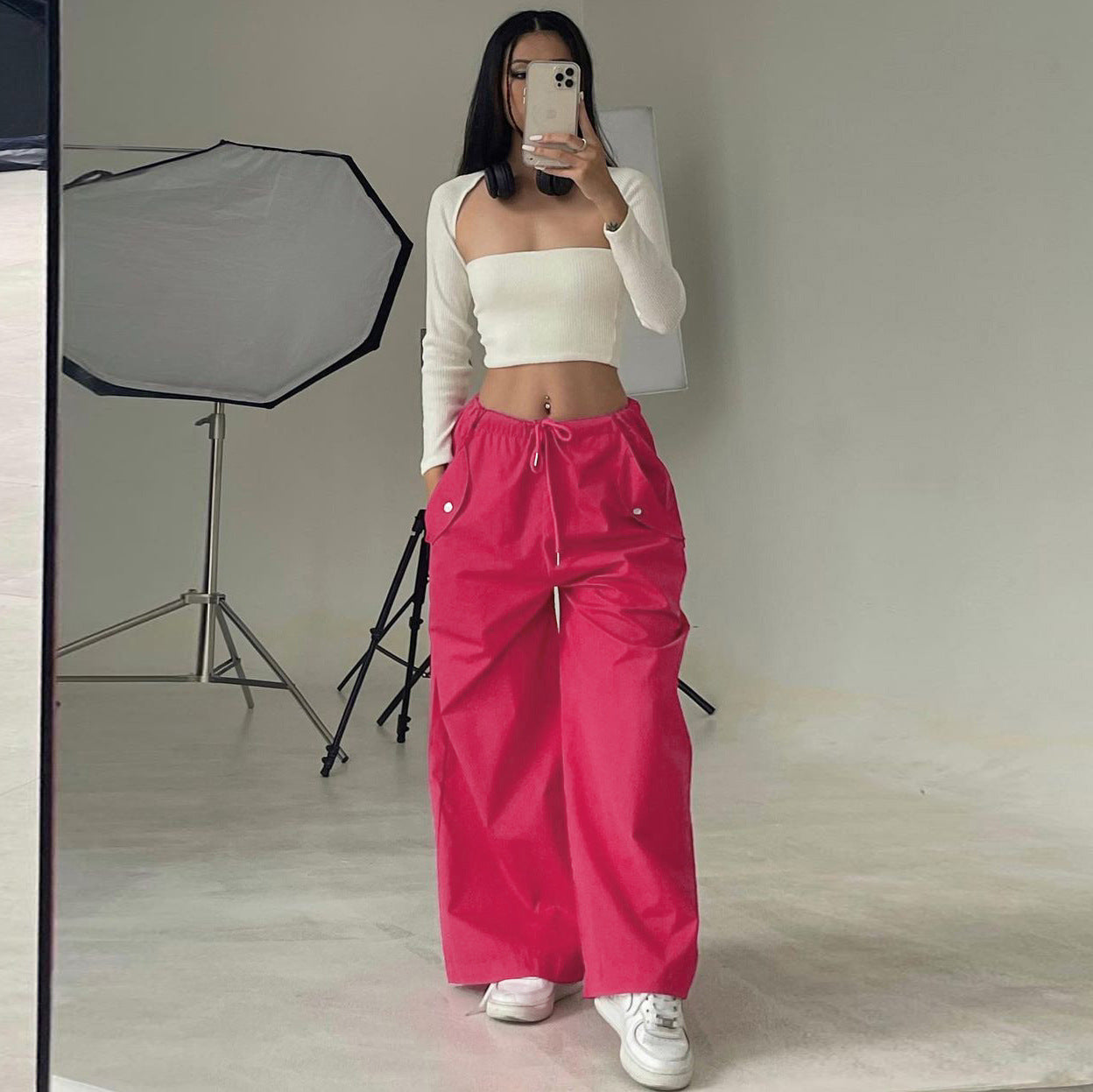 Women's High-Waist Lace-Up Straight-Leg Cargo Pants – Loose Fit Rose Red