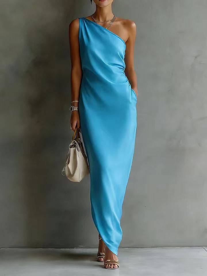 Women's Satin Off-Shoulder Slim-Fit Maxi Dress Sky Blue