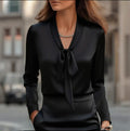 Elegant Satin Ribbon Blouse — Long Sleeve Button-Down Work Shirt Black