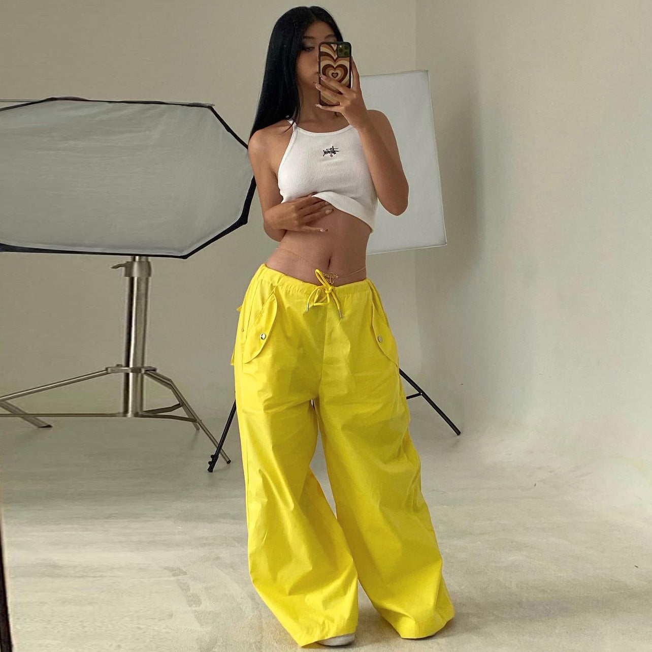 Women's High-Waist Lace-Up Straight-Leg Cargo Pants – Loose Fit Yellow
