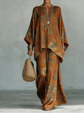 Women’s Printed Crew Neck Long Sleeve Two Piece Set Camel