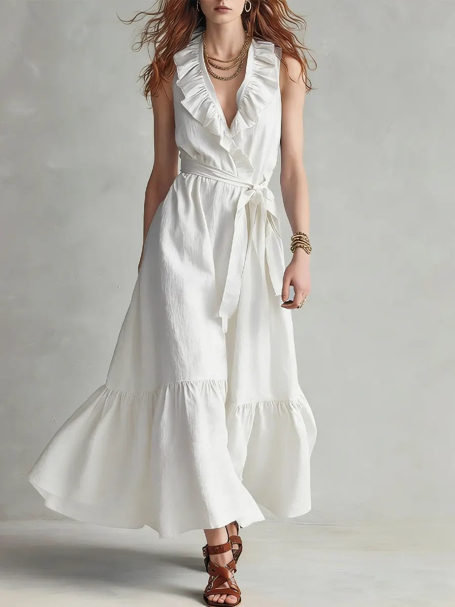 Women's V-Neck Sleeveless Lace-Up Panelled Maxi Dress – Wide Flare White