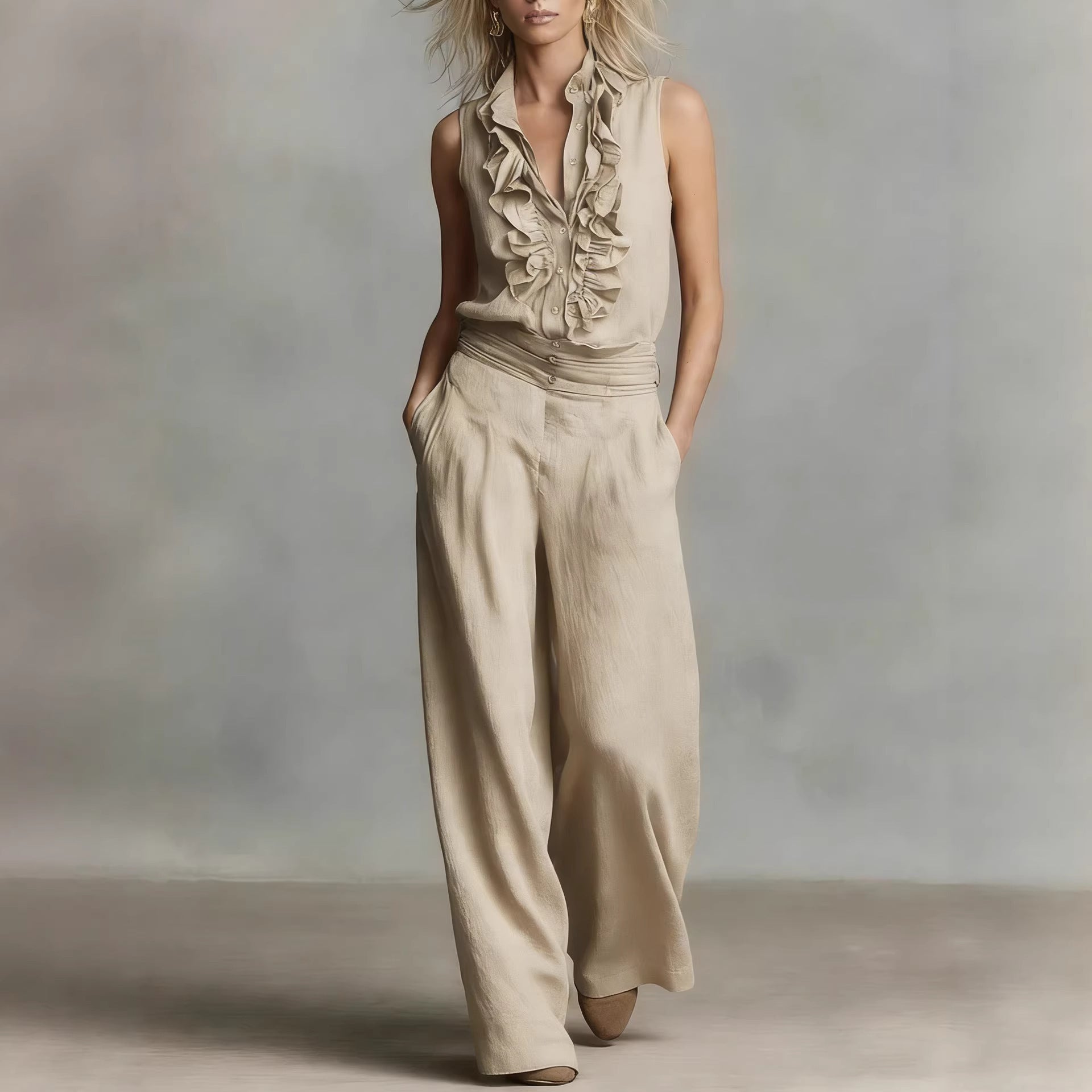 Women’s Linen Blend Two-Piece Set – Sleeveless Shirt & Wide-Leg Pants Khaki