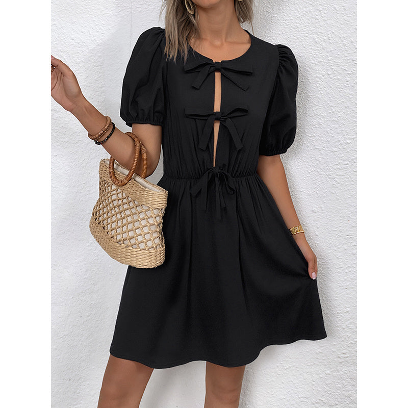 Women’s Striped Tie-Front Puff Sleeve Mini Dress Black