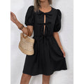 Women’s Striped Tie-Front Puff Sleeve Mini Dress Black