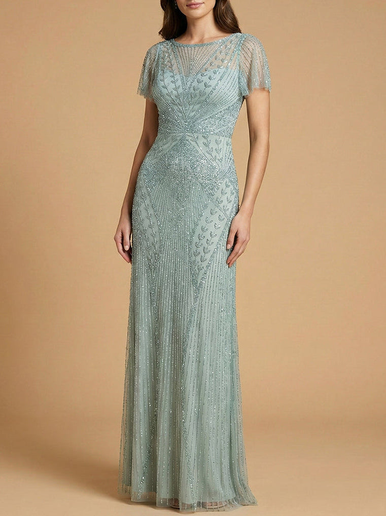 Lara 28856 - Beaded Flutter Sleeve Gown Dusty Green