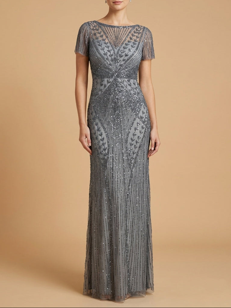 Lara 28856 - Beaded Flutter Sleeve Gown Mid Grey