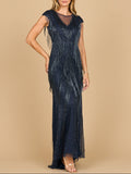 Beaded Fringe V-Neckline Dress with Cap Sleeves | Lara 28858 Navy