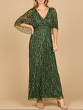 Beaded Evening Gown with Half Cape | 28862 Emerald Green