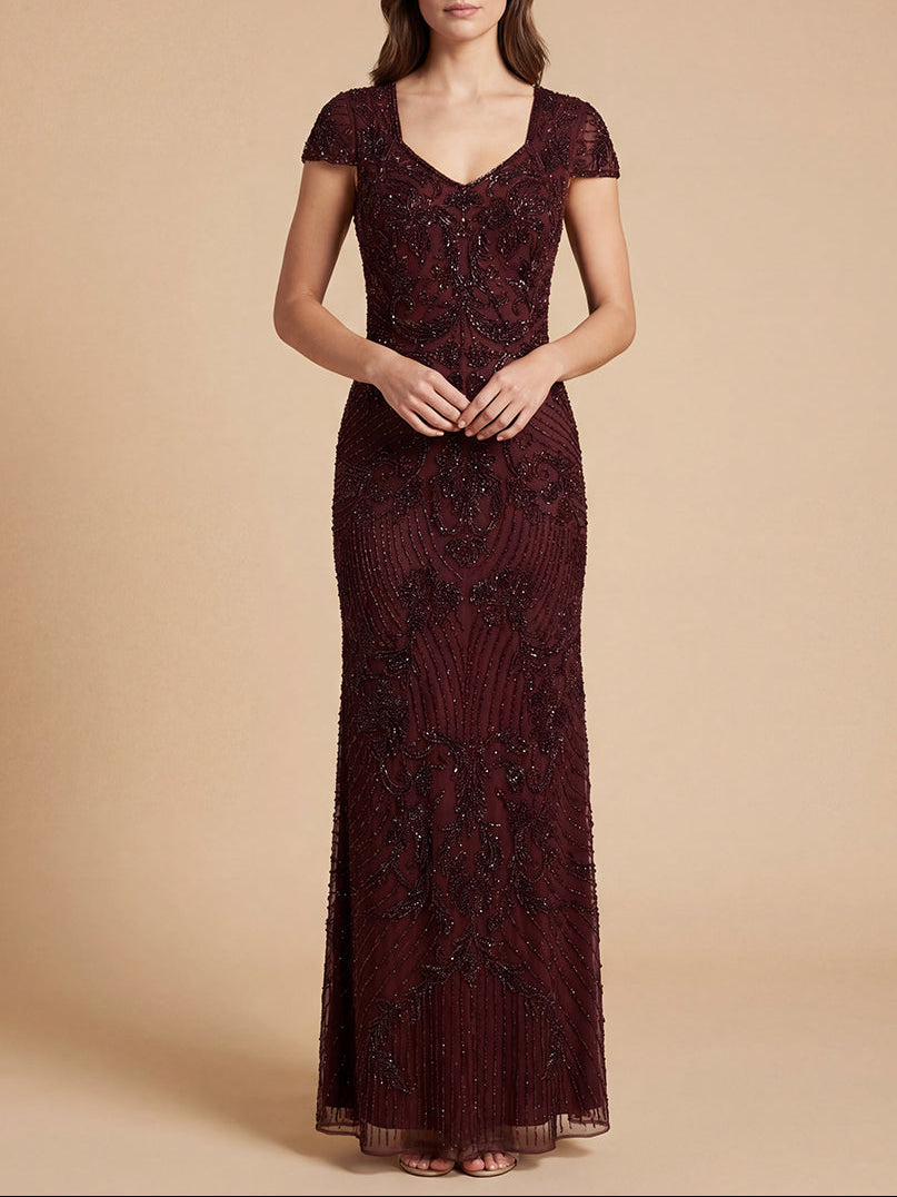 Beaded Cap Sleeve Gown | Lara 28863 Wine