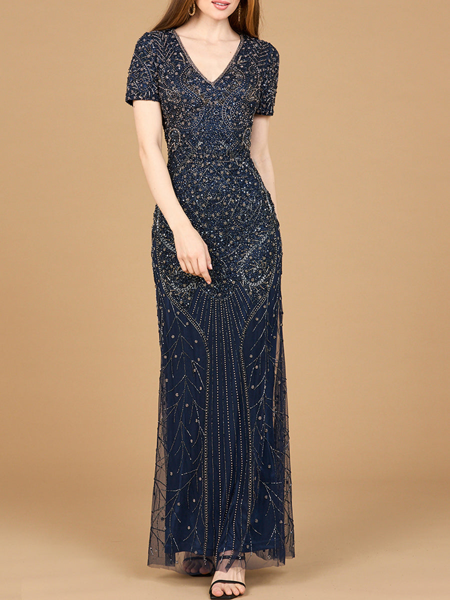 Short Sleeve Sheath Beaded Gown Navy