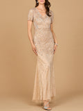 Short Sleeve Sheath Beaded Gown Nude
