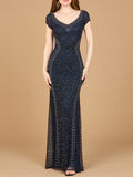 Beaded Mermaid Cap Sleeve Gown Navy