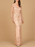 Beaded Long Sleeve V-neck Gown Blush