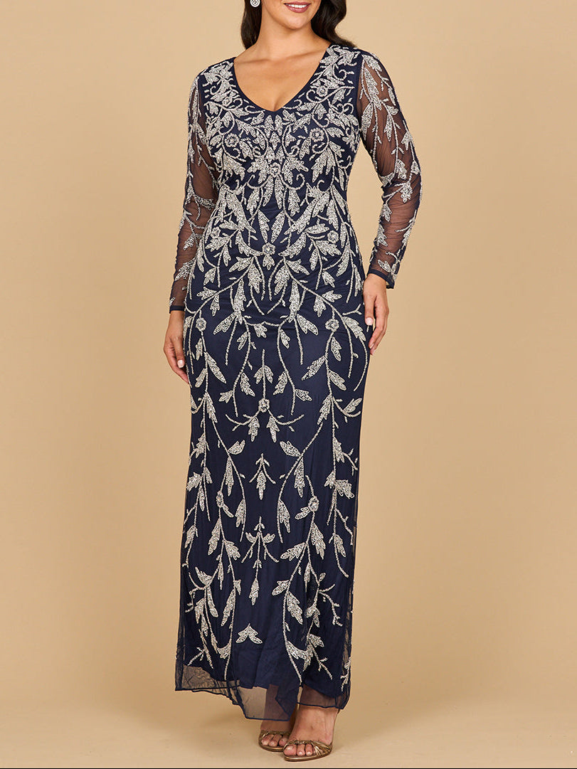 Lara 28870- Long Sleeve Contrast Beaded Gown Navy
