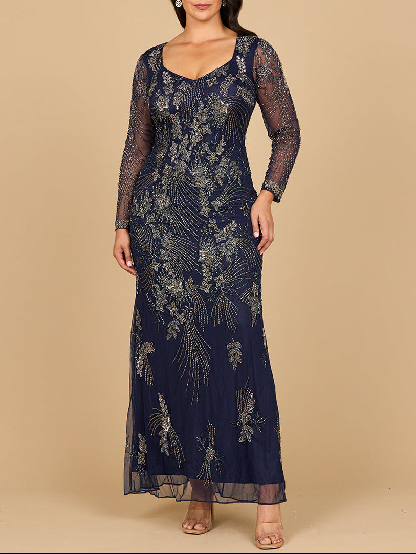 Long Sleeve Queen Anne Beaded Gown Navy