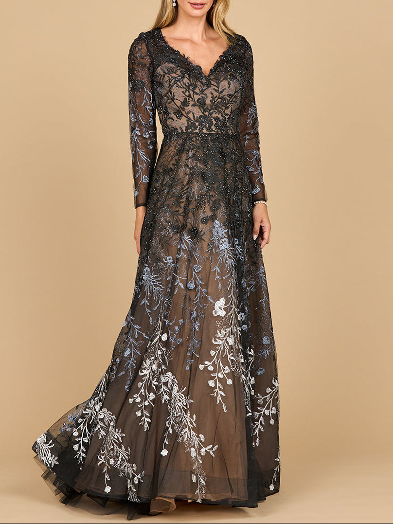 Lara 28878- Long Sleeve V-Neck Ombre Lace Gown Black Ombre