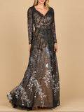 Lara 28878- Long Sleeve V-Neck Ombre Lace Gown Black Ombre