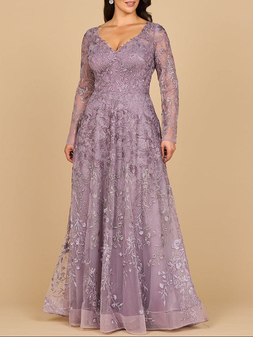 Lara 28878- Long Sleeve V-Neck Ombre Lace Gown Heather Ombre