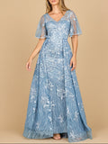 Lara 28880- Overskirt Lace Fitted V-Neck Gown with Cape Sleeves Blue