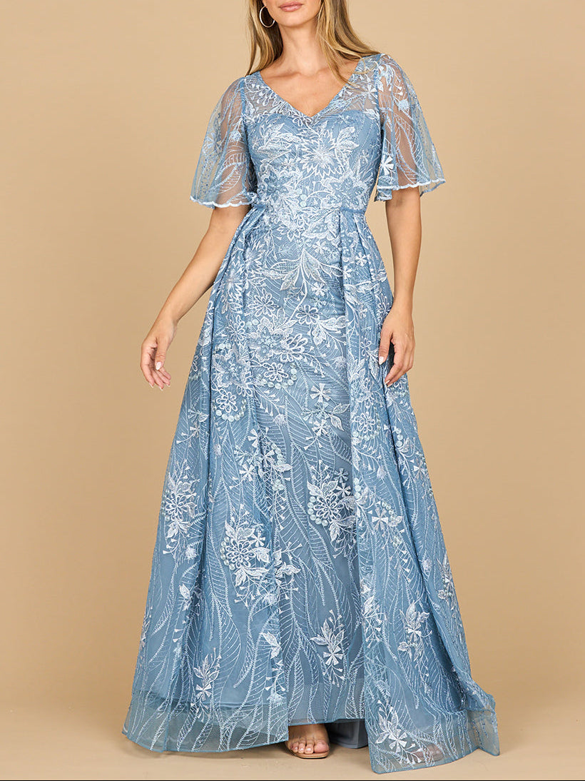 Lara 28880- Overskirt Lace Fitted V-Neck Gown with Cape Sleeves Blue