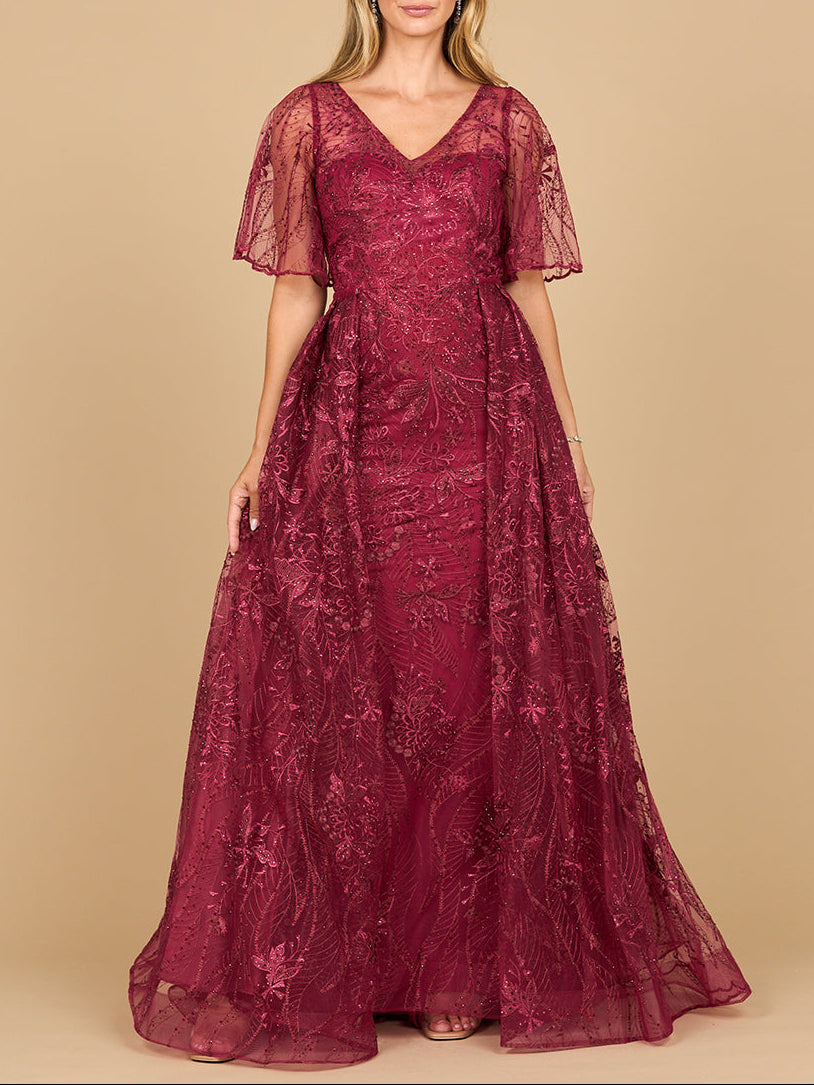Lara 28880- Overskirt Lace Fitted V-Neck Gown with Cape Sleeves Dark Fuchsia