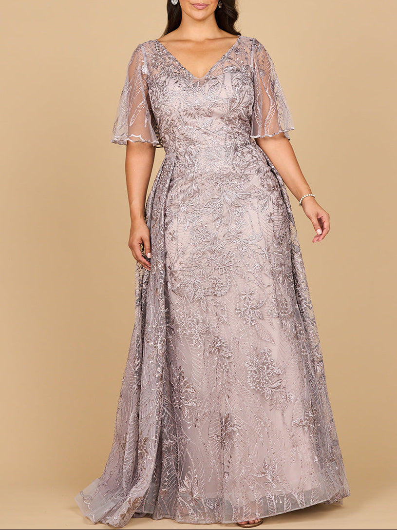 Lara 28880- Overskirt Lace Fitted V-Neck Gown with Cape Sleeves Dusty Lavender