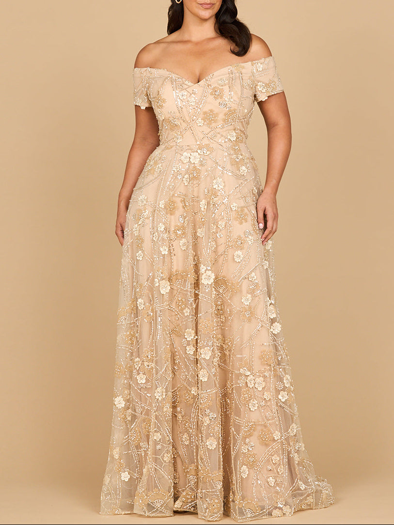 Off Shoulder A-Line Floral Gown | 28882 Taupe