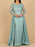 Long Sleeve Gown with Overskirt & Illusion Neckline Sage