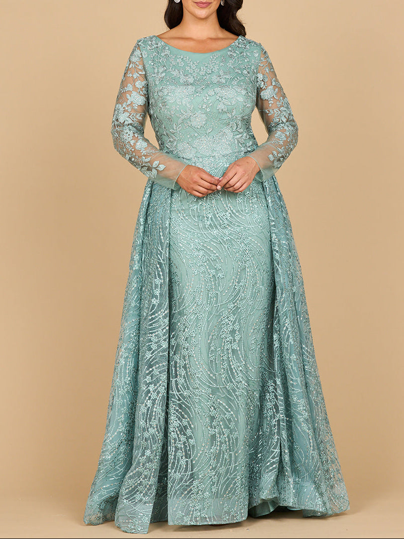Long Sleeve Gown with Overskirt & Illusion Neckline Sage
