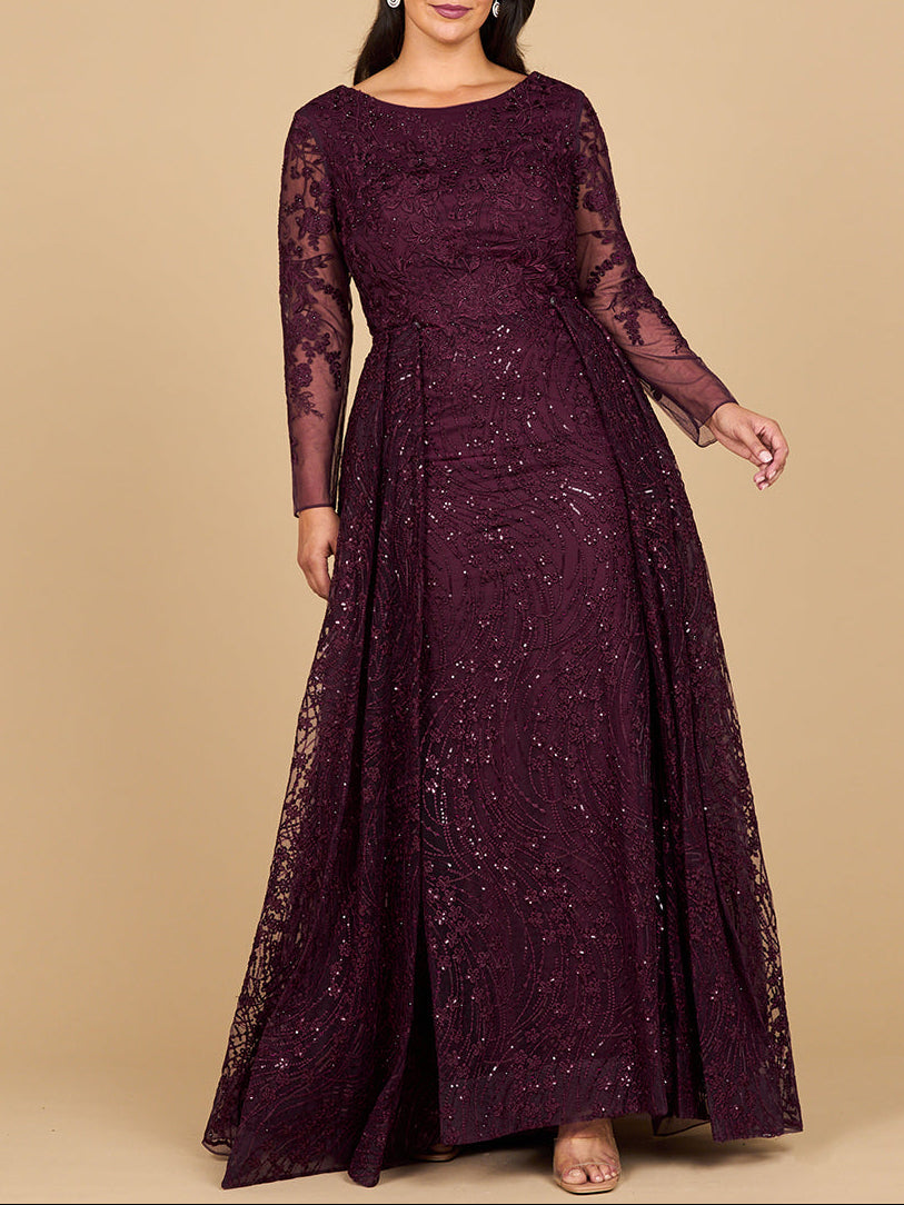Long Sleeve Gown with Overskirt & Illusion Neckline Wine