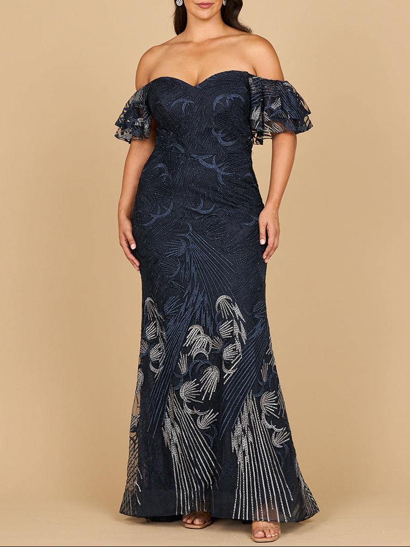Off Shoulder Mermaid Lace Gown | Lara 28884 Navy Ombre