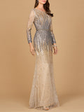 Mermaid, Beaded Long Sleeve Gown Gold Gunmetal
