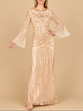 Lara 28887 - High Neck Beaded Dress with Bell Sleeves Champagne