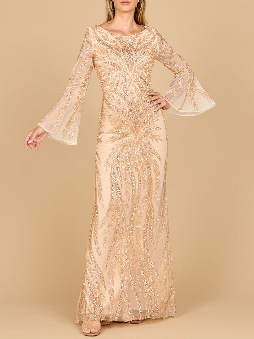 Lara 28887 - High Neck Beaded Dress with Bell Sleeves Champagne