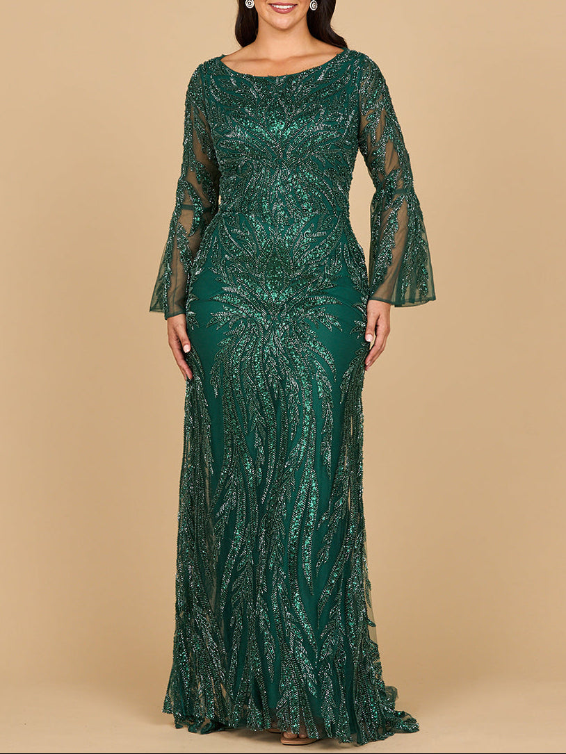 Lara 28887 - High Neck Beaded Dress with Bell Sleeves Dark Green