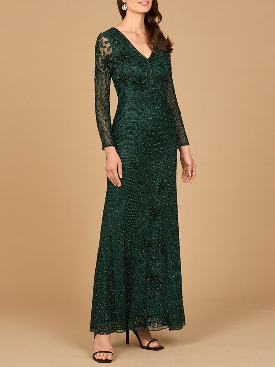 Long Sleeve Beaded Maxi Gown Dark Green