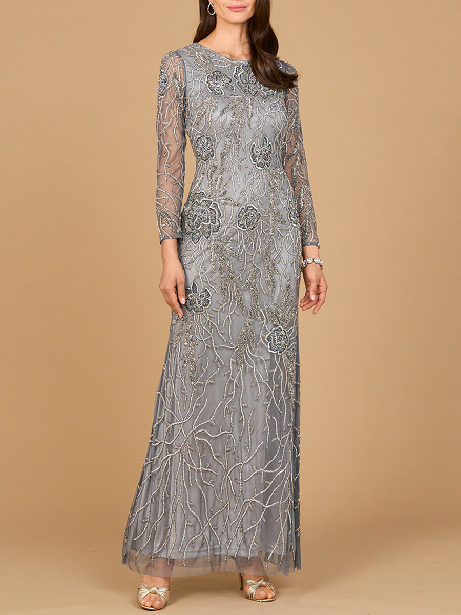 High Neck, Long Sleeve Beaded Gown | 28889 Mid Grey