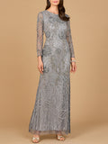 High Neck, Long Sleeve Beaded Gown | 28889 Mid Grey