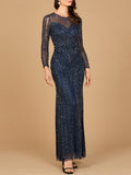 Illusion Neck, Long Sleeve Beaded Gown Navy