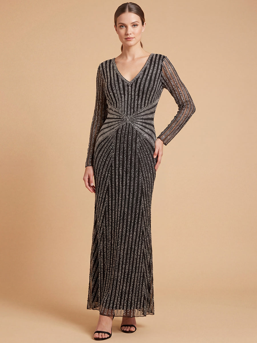 Lara 28892 - Long Sleeve Beaded Gown BlackSilver