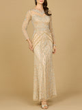Illusion Neck, Long Sleeve Beaded Gown Nude Multi