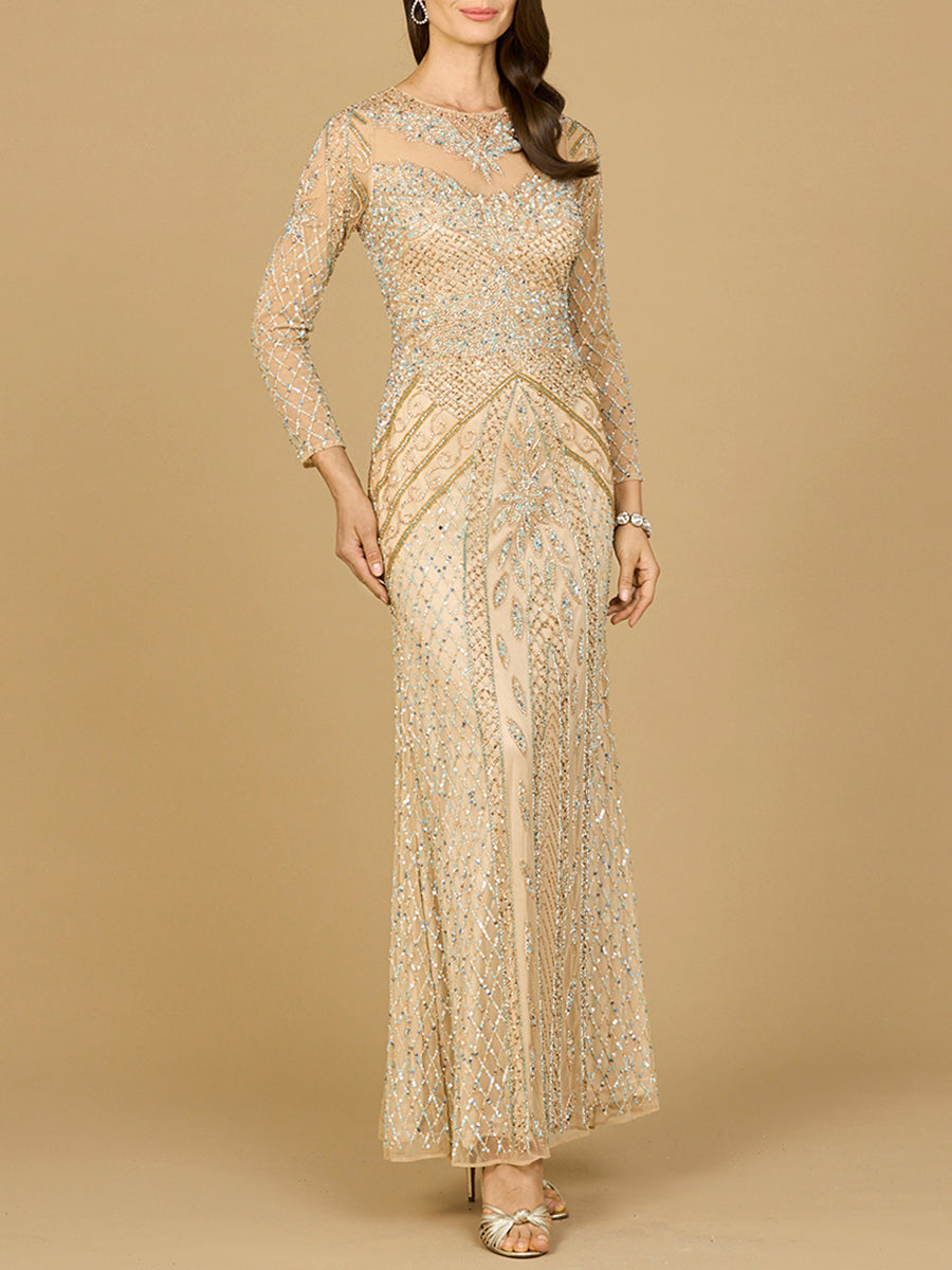 Illusion Neck, Long Sleeve Beaded Gown Nude Multi