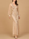 V Neck Beaded Long Sleeve Maxi Dress Nude