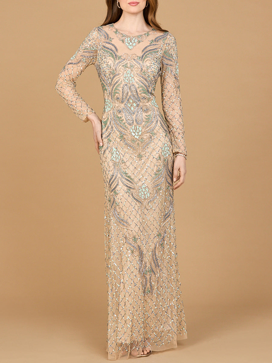 Long Sleeve Beaded Gown Nude Multi